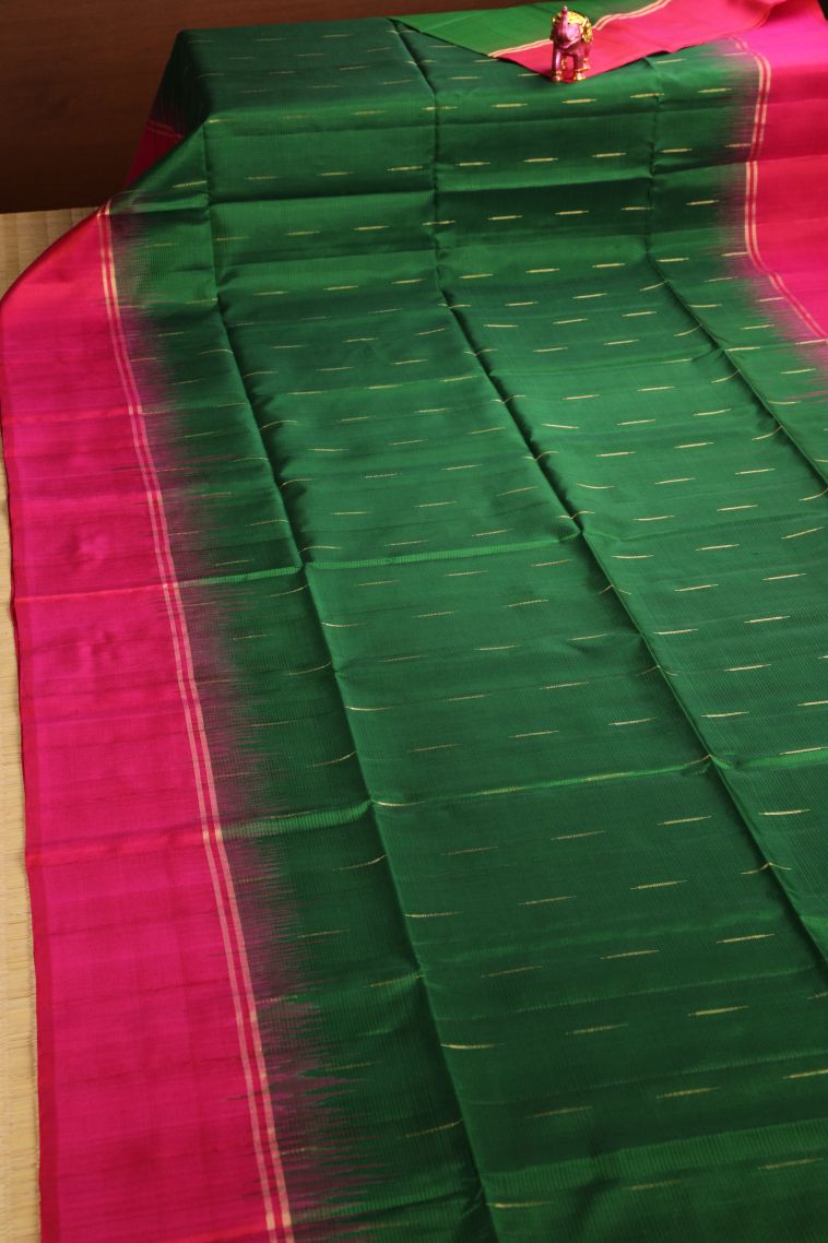 Bottle Green Soft Silk Saree with Gold Zari Raindrops Model view 2