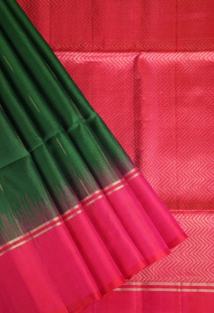 Bottle Green Soft Silk Saree with Gold Zari Raindrops Model