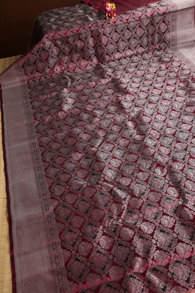 Magenta Purple Soft Silk Saree with Silver Zari Floral Patterns view 2