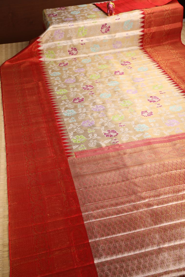 Cookie Yellow Kanchipuram Silk Sarees with Gold Zari Floral Patterns view 2