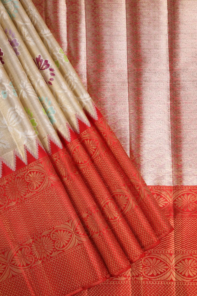 Cookie Yellow Kanchipuram Silk Sarees with Gold Zari Floral Patterns view 1