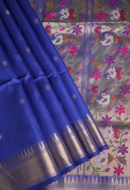 Cobalt Blue Banaras Sarees with Gold Zari Buttis (small Dots Or Motifs)