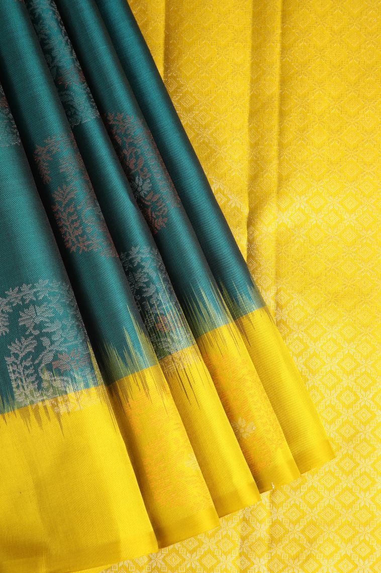 Pine Green Soft Silk Saree with Gold Zari Mango Puttas view 1