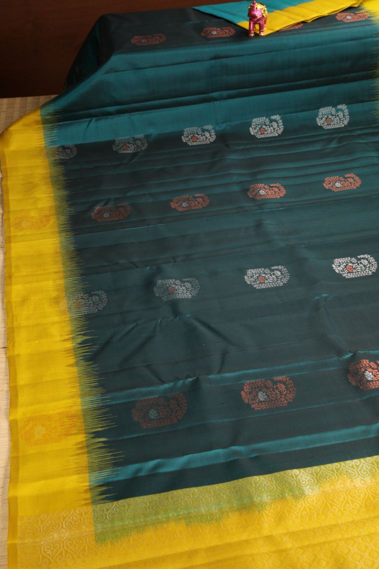 Pine Green Soft Silk Saree with Gold Zari Mango Puttas view 2