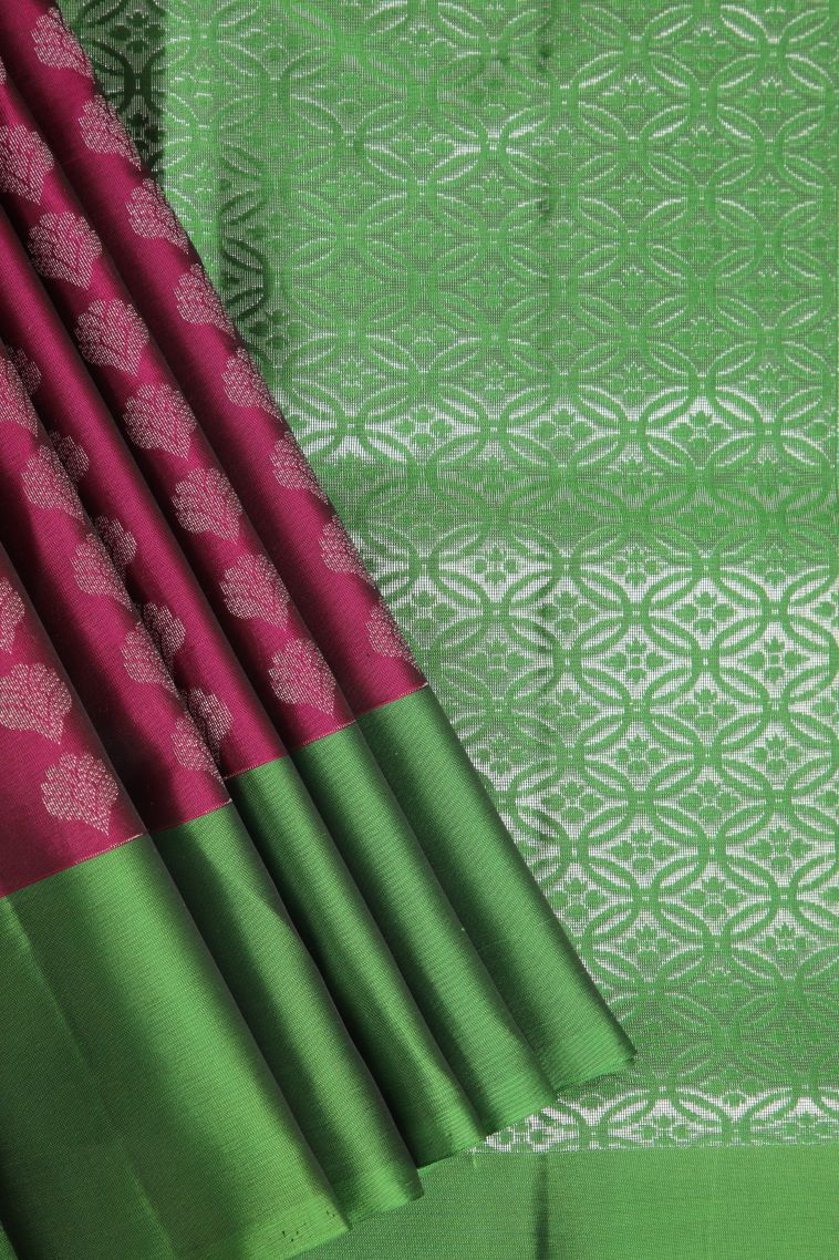 Magenta Purple Soft Silk Saree with Silver Zari Floral Patterns view 1