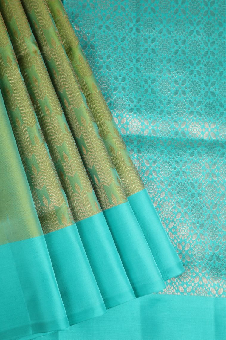 Pickle Green Soft Silk Saree with Copper Zari Buttis (small Dots Or Motifs) view 1