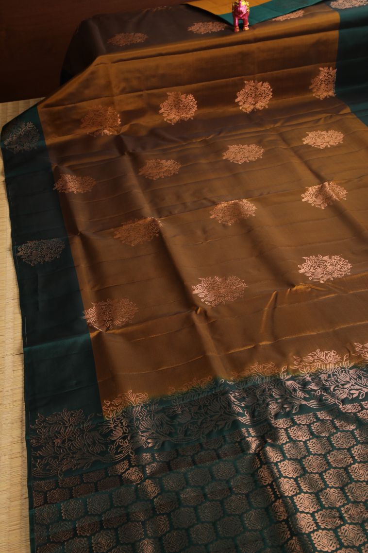 Tawny Brown Soft Silk Saree with Copper Zari Floral Puttas view 2
