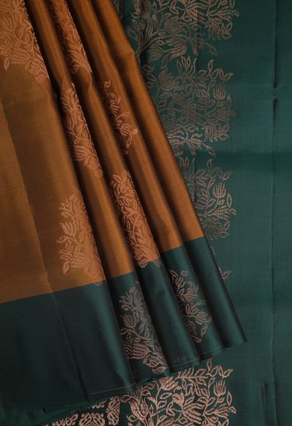 Tawny Brown Soft Silk Saree with Copper Zari Floral Puttas