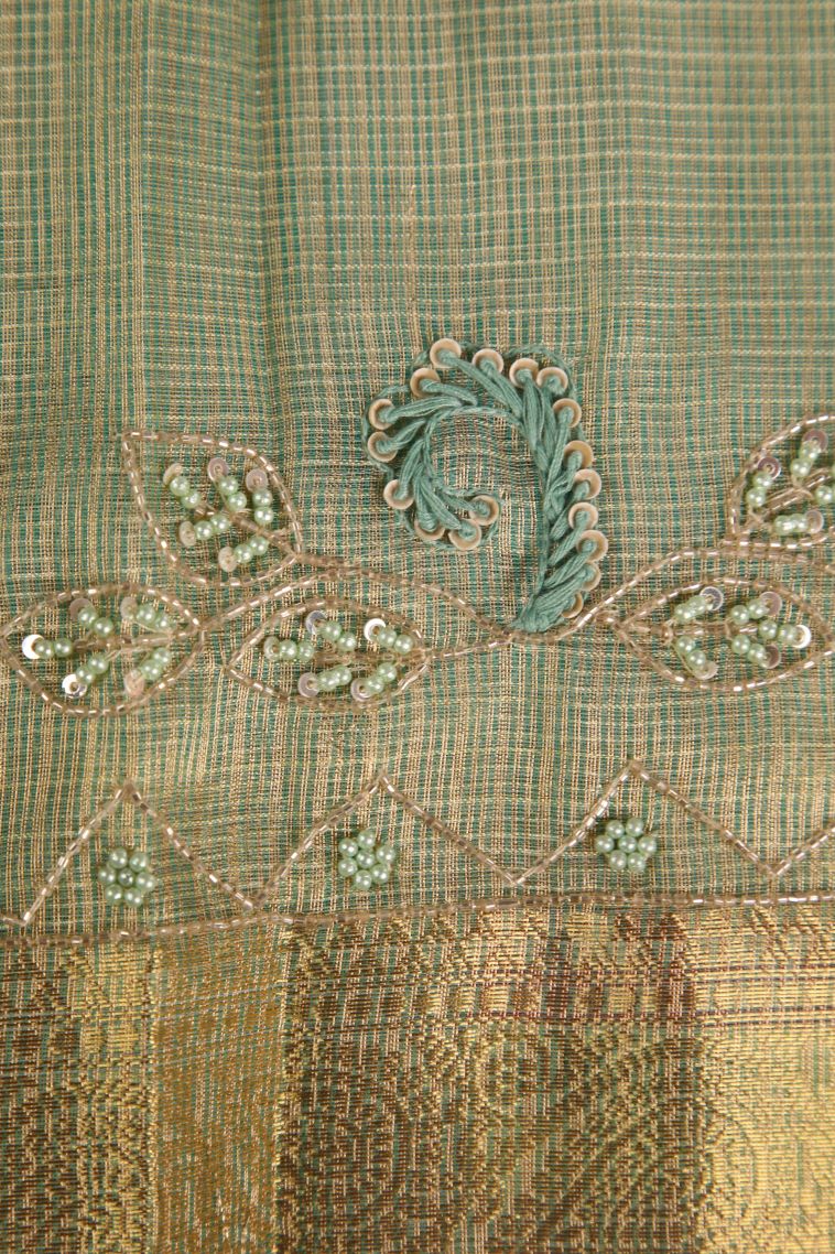 Pistachio Green Tissue Silk Sarees with Gold Zari Plain view 3