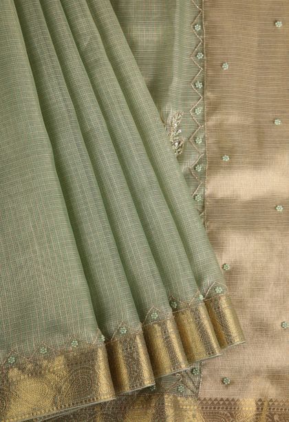 Pistachio Green Tissue Silk Sarees with Gold Zari Plain