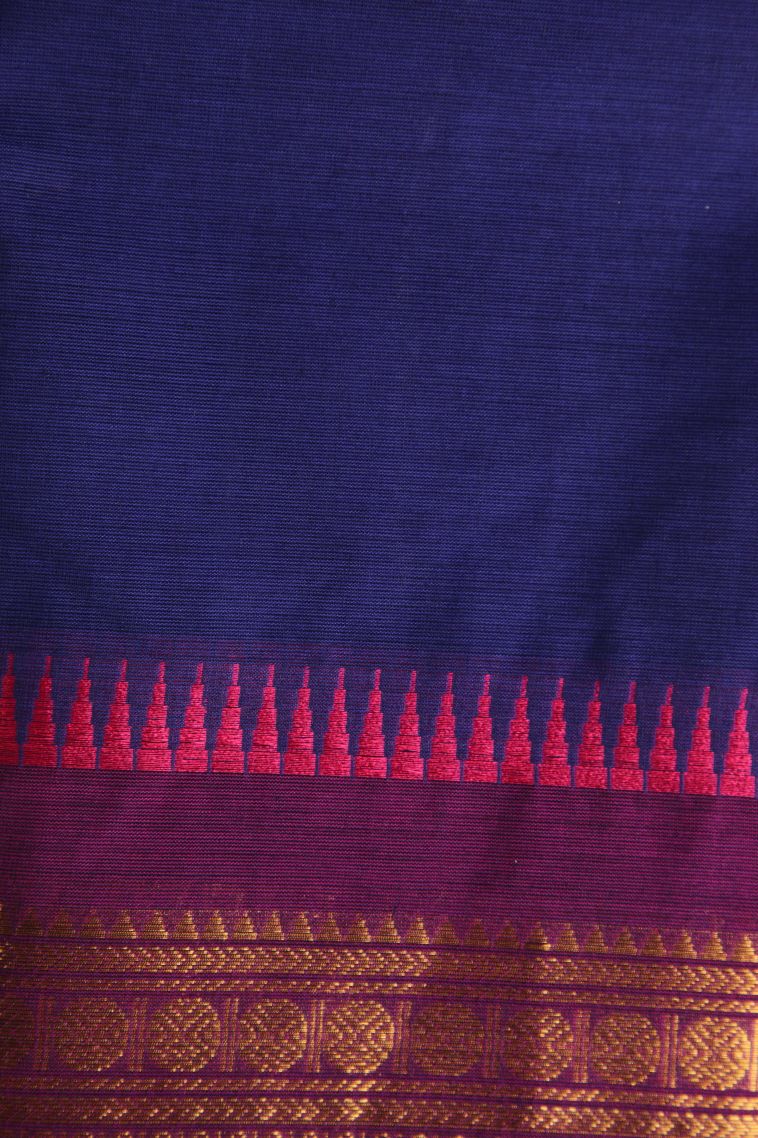Admiral Blue Chettinad Cotton Sarees with Gold Zari Plain view 3