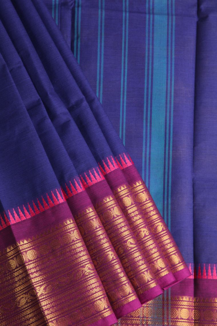 Admiral Blue Chettinad Cotton Sarees with Gold Zari Plain view 1