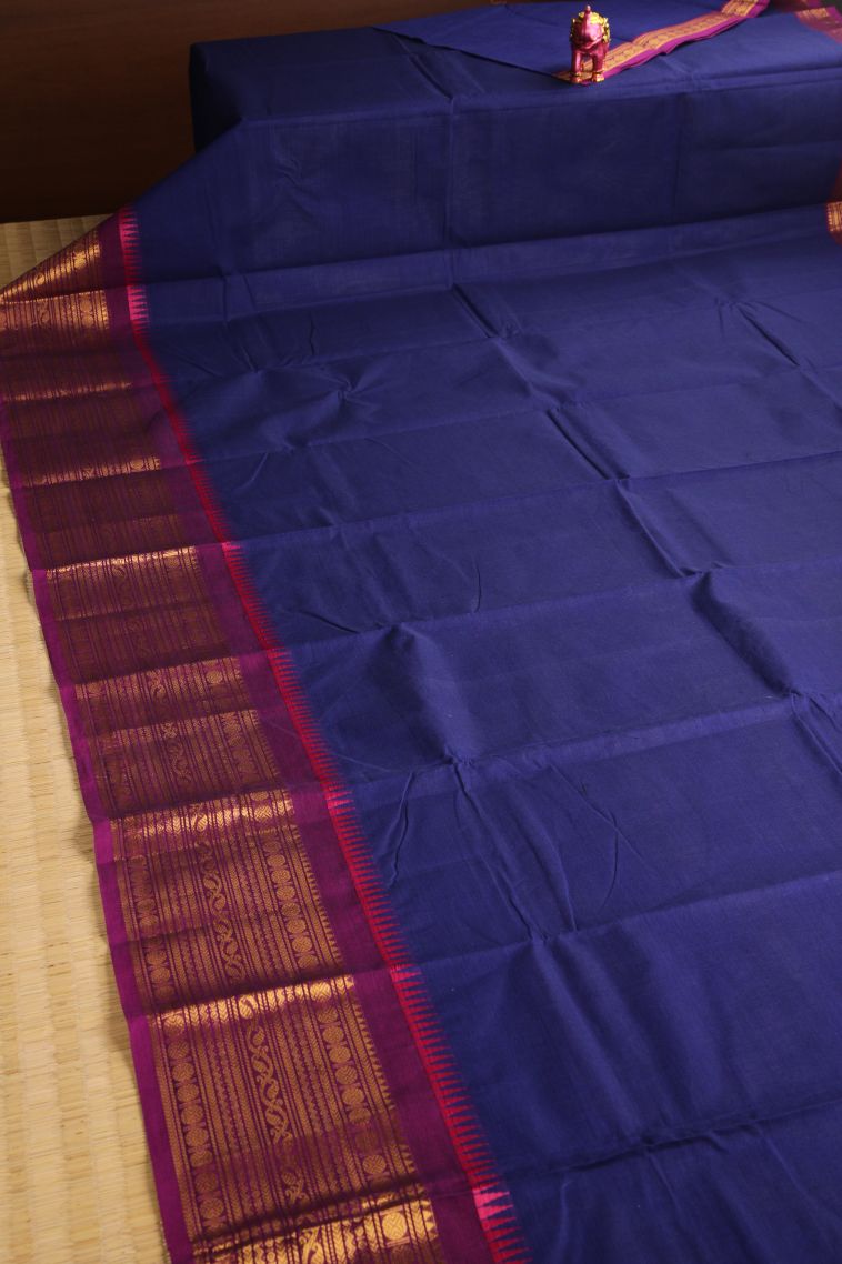 Admiral Blue Chettinad Cotton Sarees with Gold Zari Plain view 2