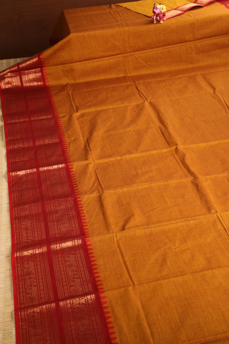 Apricot Orange Chettinad Cotton Sarees with Gold Zari Plain view 2