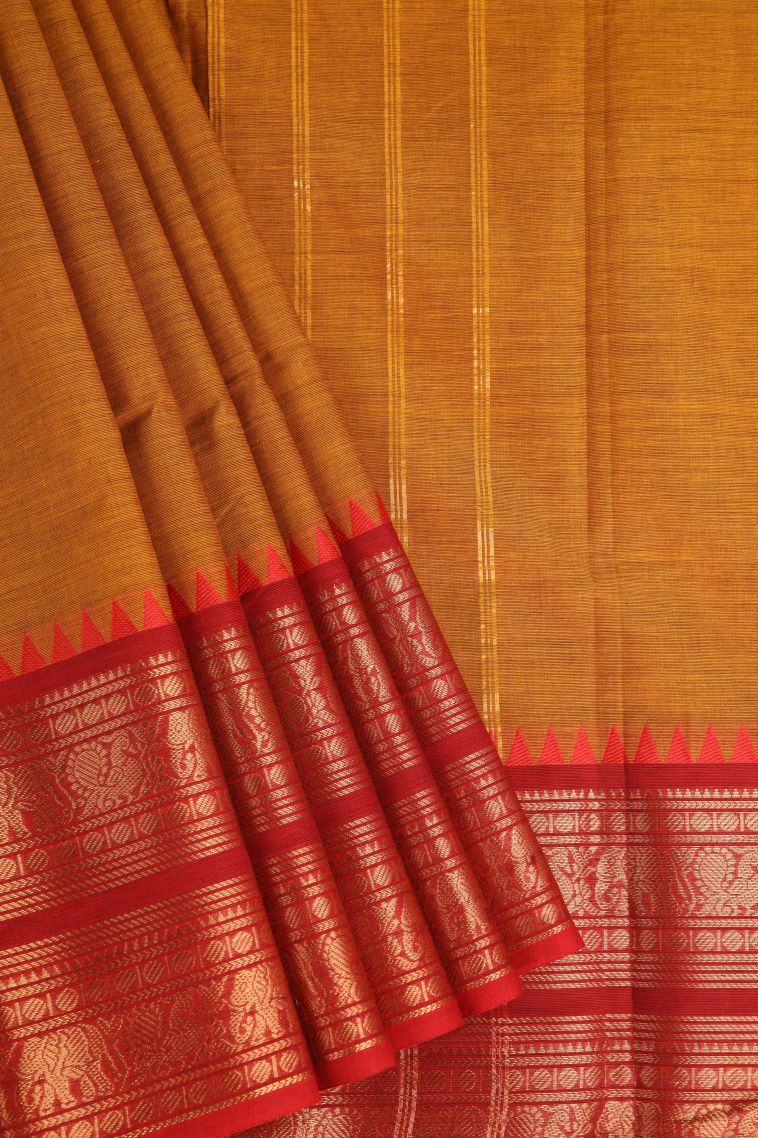Apricot Orange Chettinad Cotton Sarees with Gold Zari Plain view 1