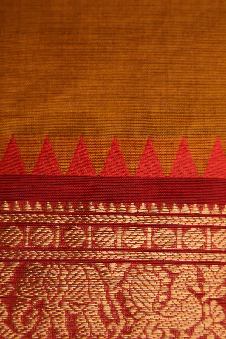 Apricot Orange Chettinad Cotton Sarees with Gold Zari Plain view 3