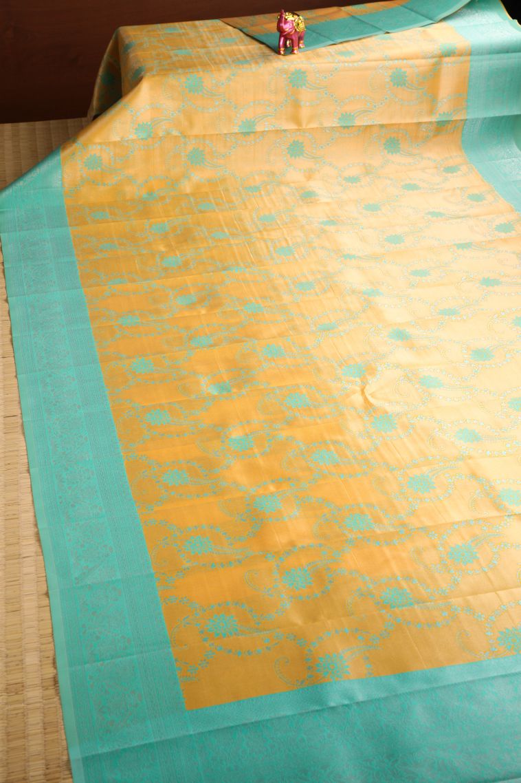 Lemon Yellow Visiri Madippu Silk Sarees with Silver Zari Floral Patterns view 2
