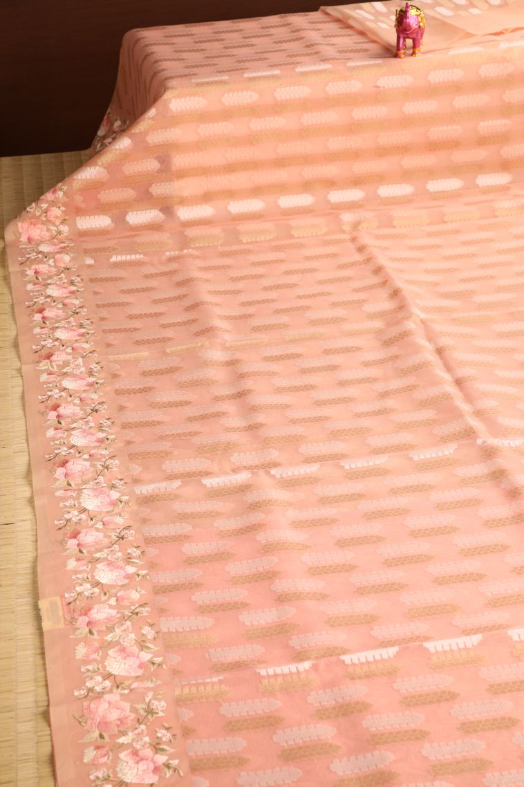 Flamingo Pink Organza Saree with Without Zari Zari Floral Patterns view 2