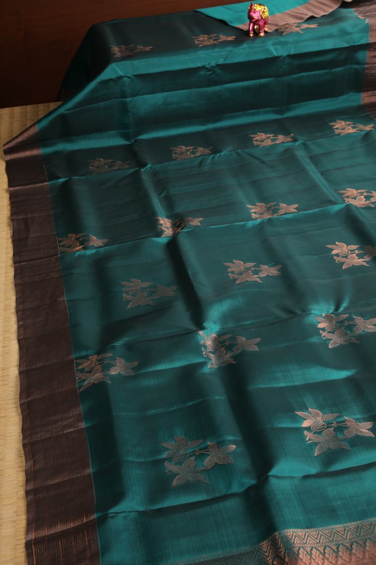 Ocean Blue Soft Silk Saree with Copper Zari Floral Patterns view 2