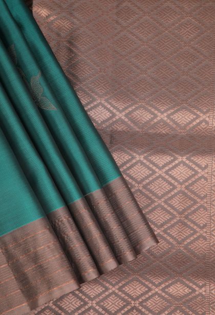Ocean Blue Soft Silk Saree with Copper Zari Floral Patterns