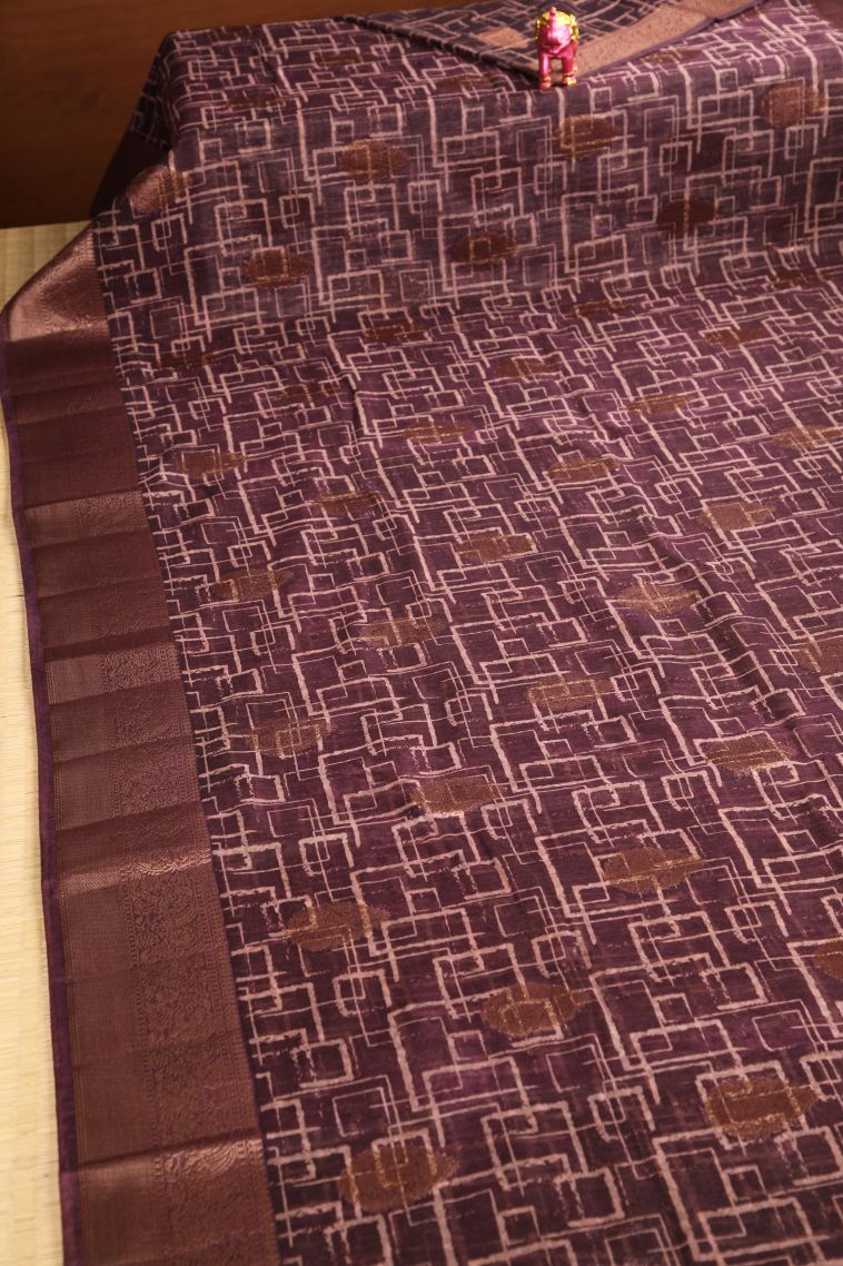 Grape Purple Jute Sarees with Antic Zari Floral Patterns view 2