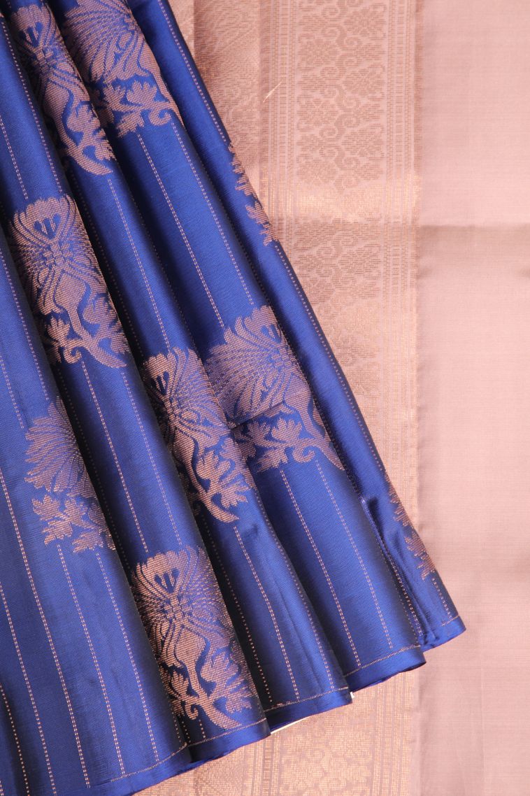 Cobalt Blue Soft Silk Saree with Copper Zari Floral Patterns view 1