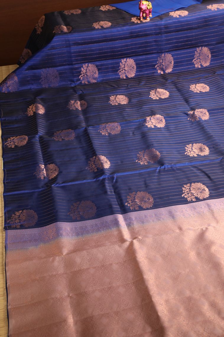 Cobalt Blue Soft Silk Saree with Copper Zari Floral Patterns view 2