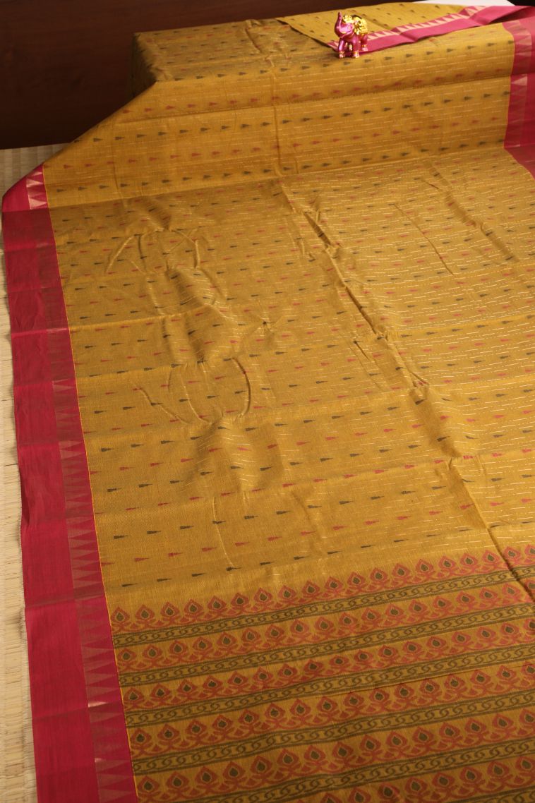 Gold Chettinad Cotton Sarees with Without Zari Zari Temple Pattern view 2