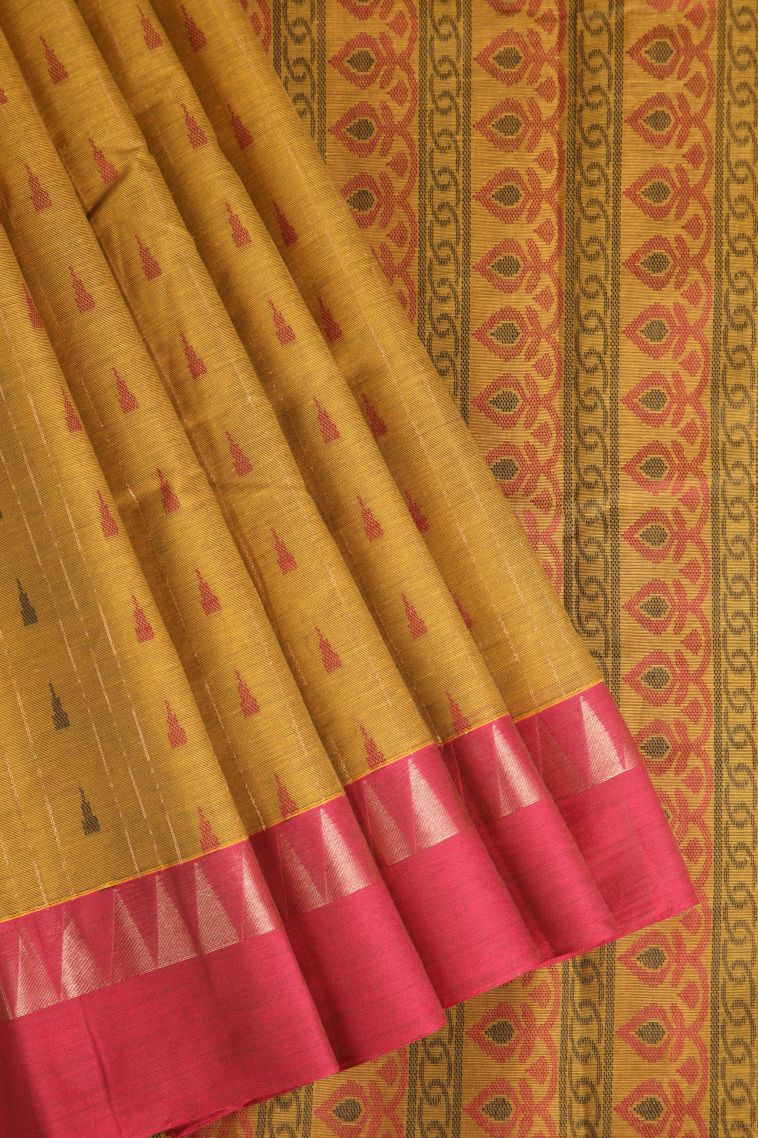 Gold Chettinad Cotton Sarees with Without Zari Zari Temple Pattern view 1