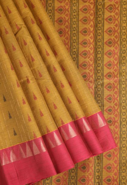 Gold Chettinad Cotton Sarees with Without Zari Zari Temple Pattern