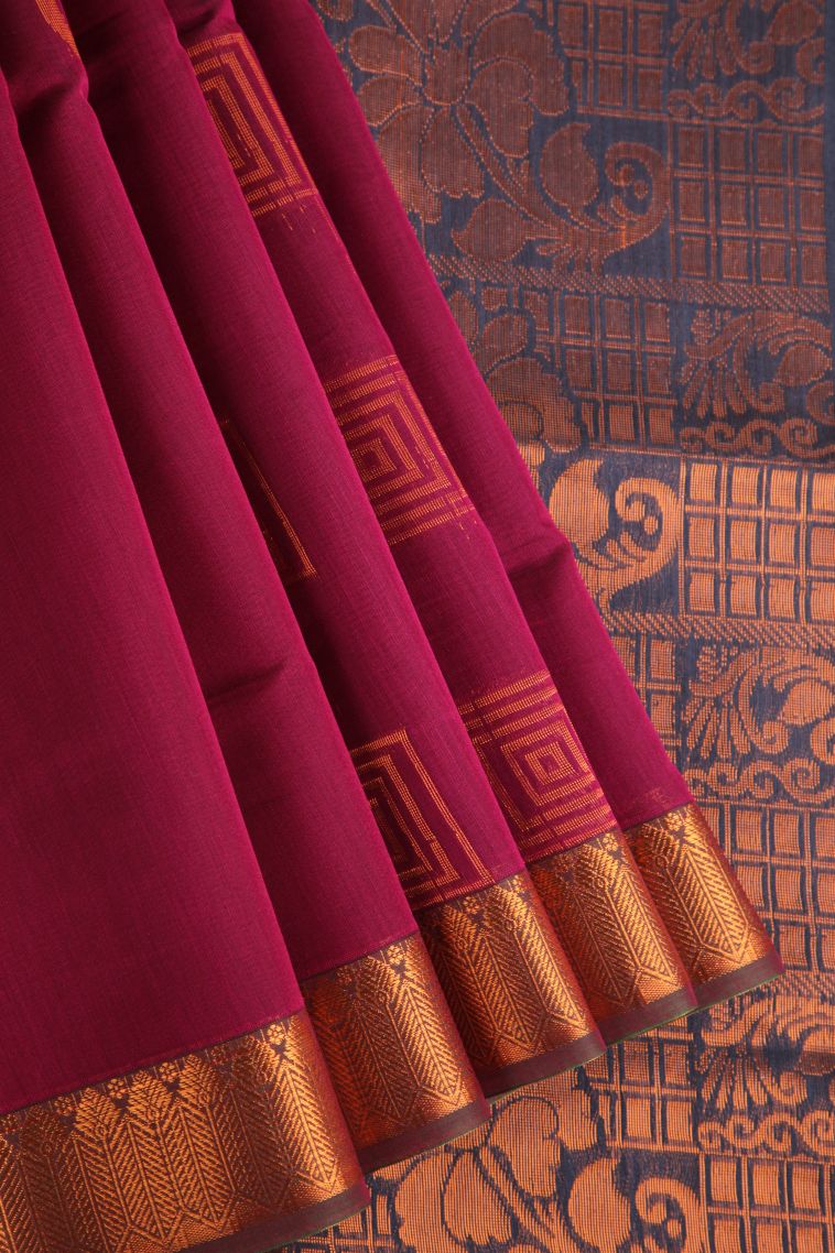 Magenta Purple Silk Cotton with Gold Zari Geometric Shapes view 1