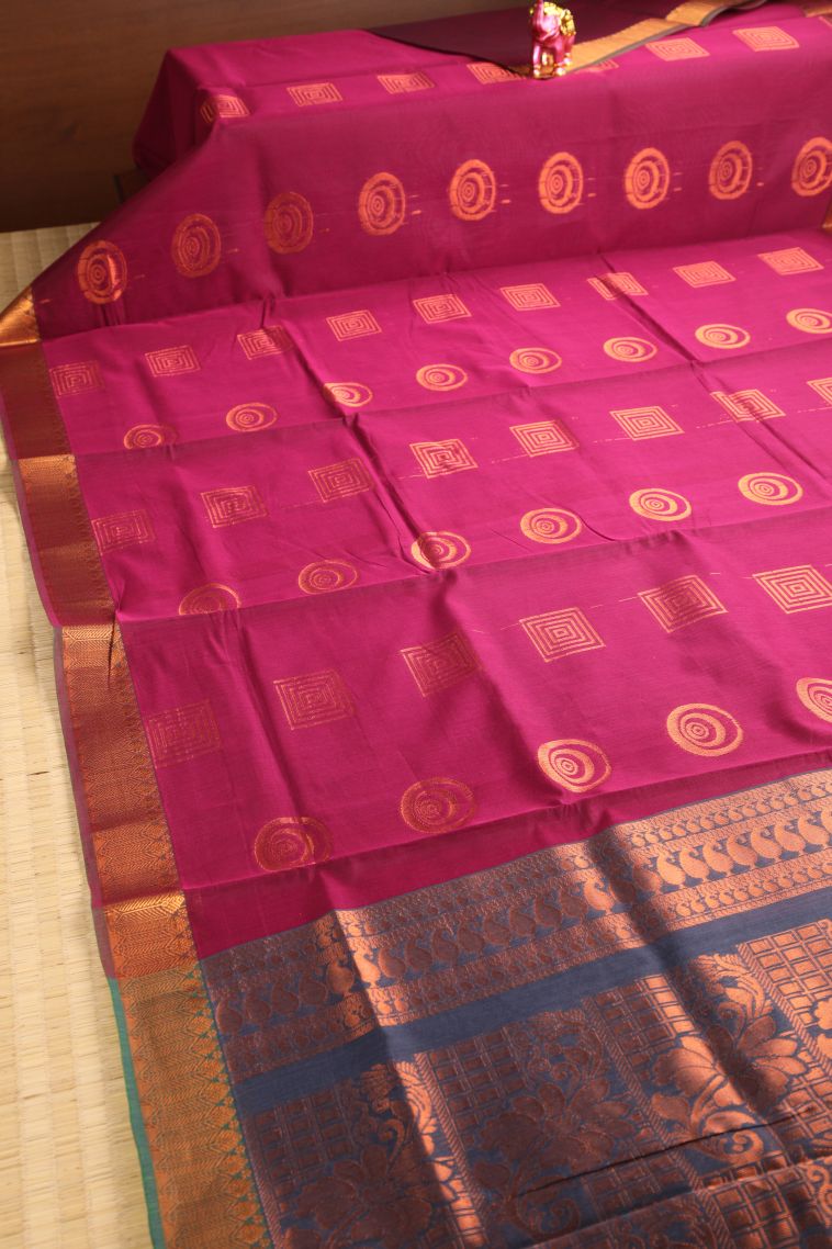 Magenta Purple Silk Cotton with Gold Zari Geometric Shapes view 2