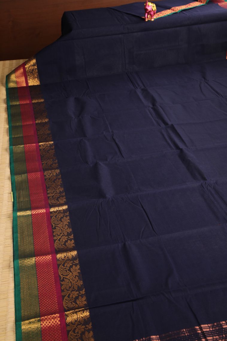 Indigo Blue Chettinad Cotton Sarees with Gold Zari Plain view 2