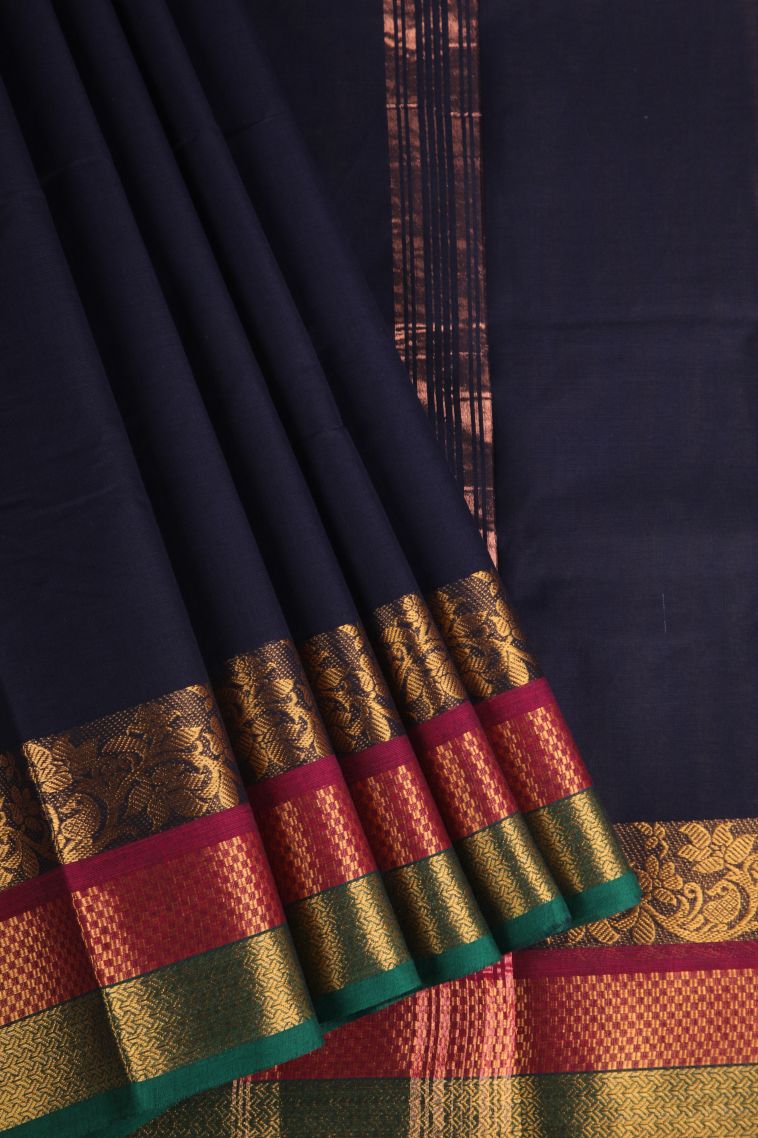 Indigo Blue Chettinad Cotton Sarees with Gold Zari Plain view 1
