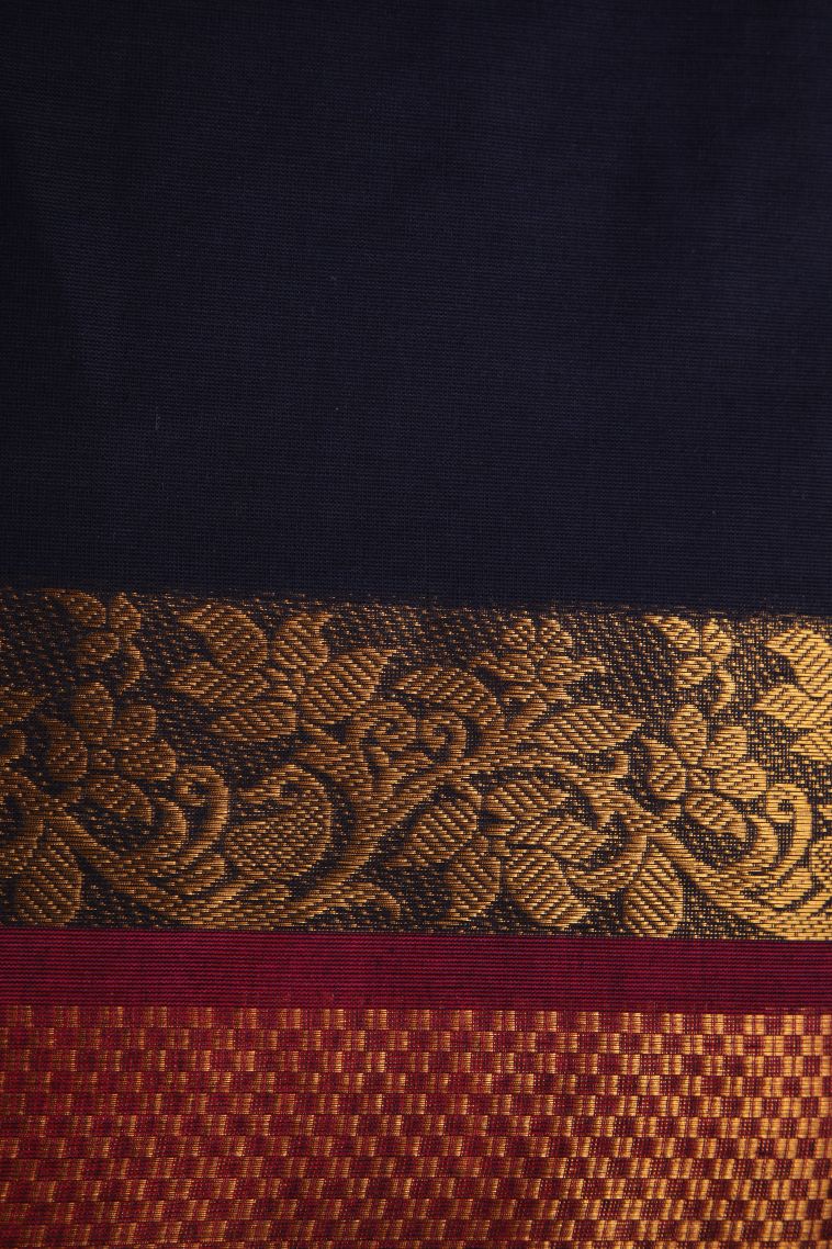 Indigo Blue Chettinad Cotton Sarees with Gold Zari Plain view 3