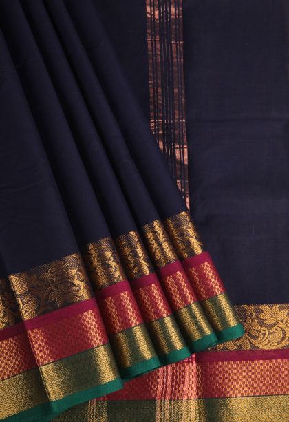 Indigo Blue Chettinad Cotton Sarees with Gold Zari Plain
