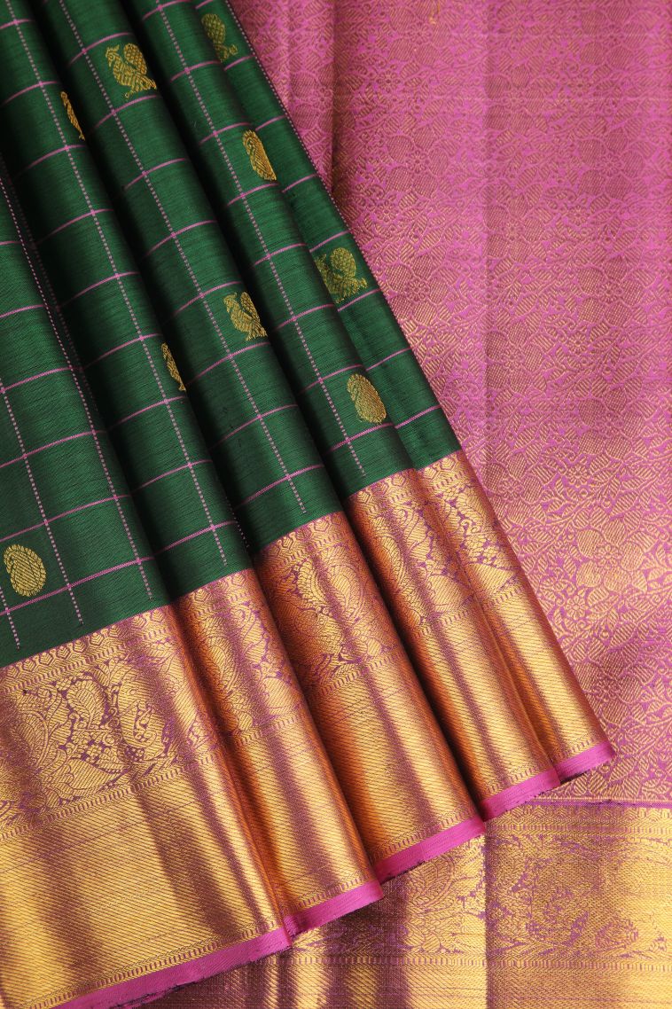 Bottle Green Kanchipuram Silk Sarees with Gold Zari Peacock Motifs view 1