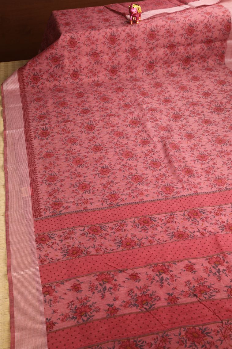 Dawn Red Tussar Cotton Sarees with Without Zari Zari Floral Patterns view 2
