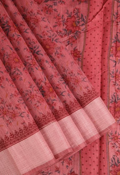 Dawn Red Tussar Cotton Sarees with Without Zari Zari Floral Patterns
