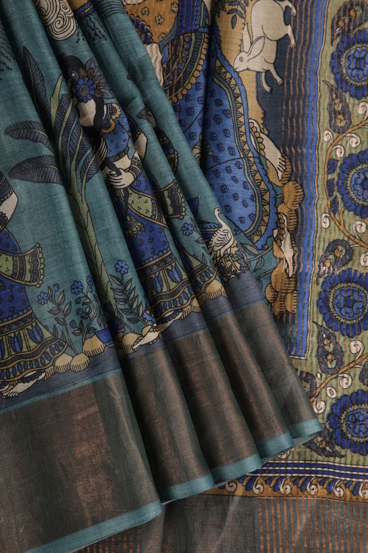 Aegean Blue Tussar Saree with Gold Zari Kalam Kari Pattern view 1