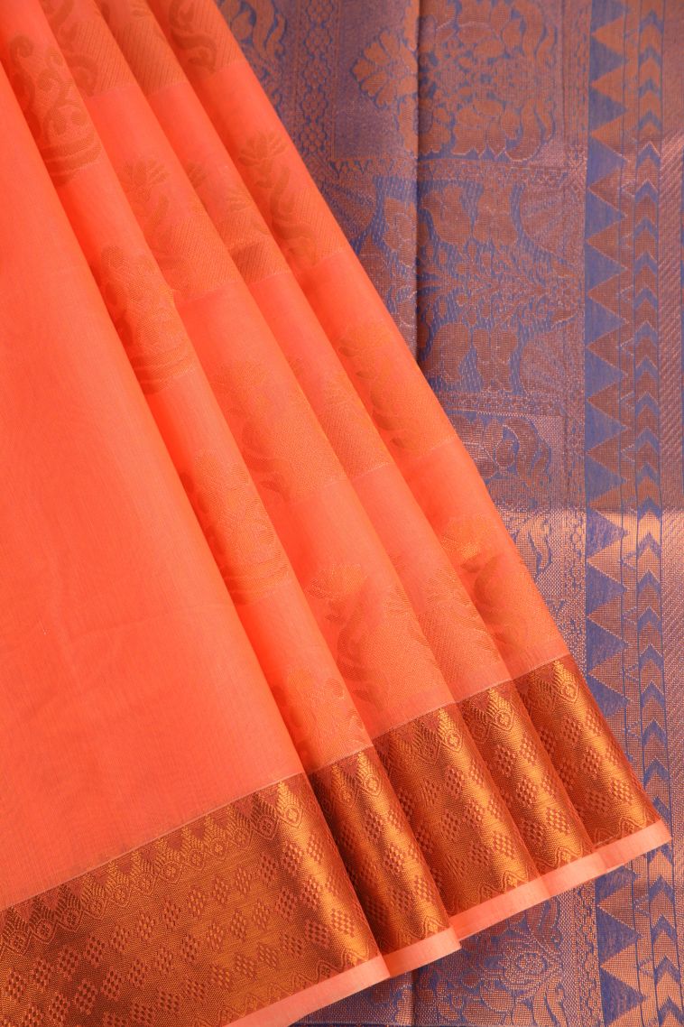 Tangerine Orange Silk Cotton with Gold Zari Floral Puttas