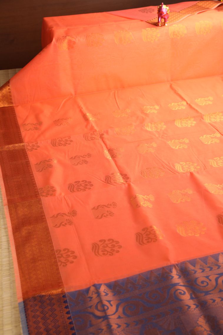 Tangerine Orange Silk Cotton with Gold Zari Floral Puttas view 2