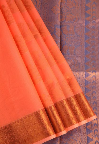Tangerine Orange Silk Cotton with Gold Zari Floral Puttas
