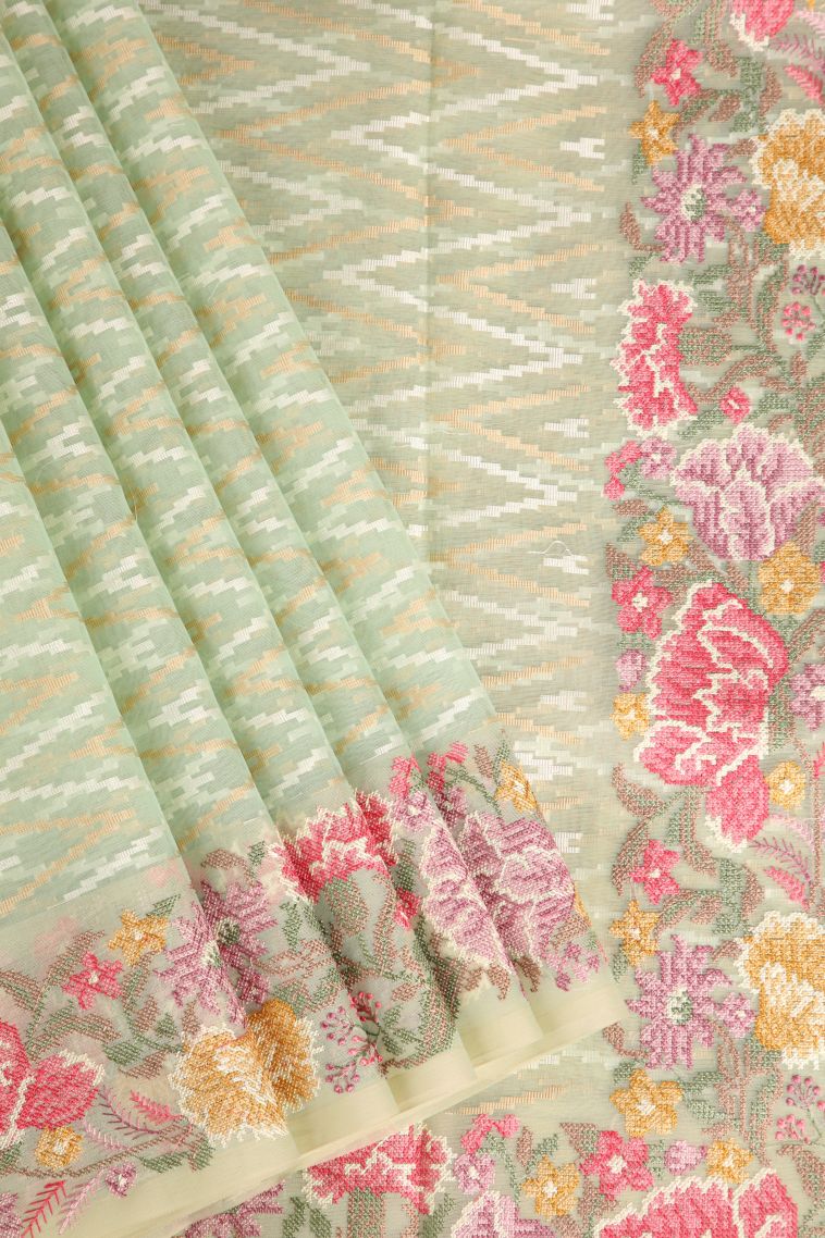 Mint Green Organza Saree with Multy Colour Zari Geometric Shapes view 1