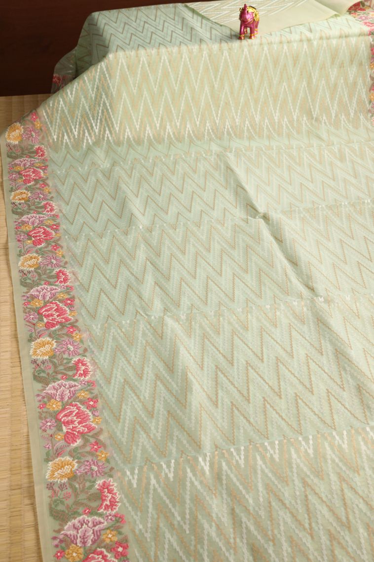 Mint Green Organza Saree with Multy Colour Zari Geometric Shapes view 2