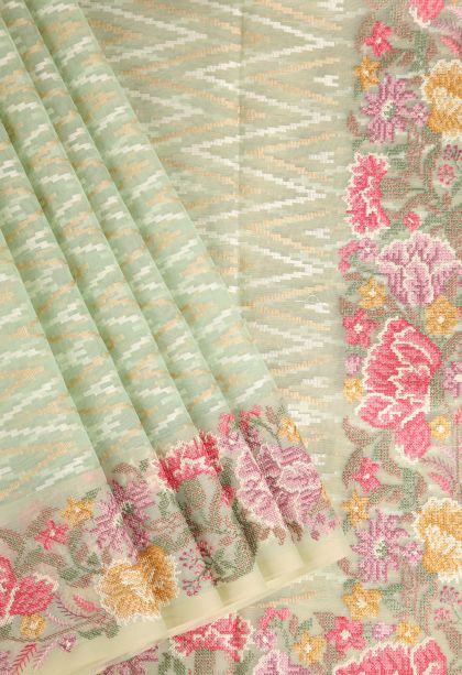 Mint Green Organza Saree with Multy Colour Zari Geometric Shapes