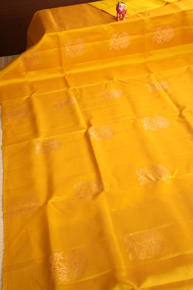 Merigold Orange Soft Silk Saree with Copper Zari Floral Puttas view 2