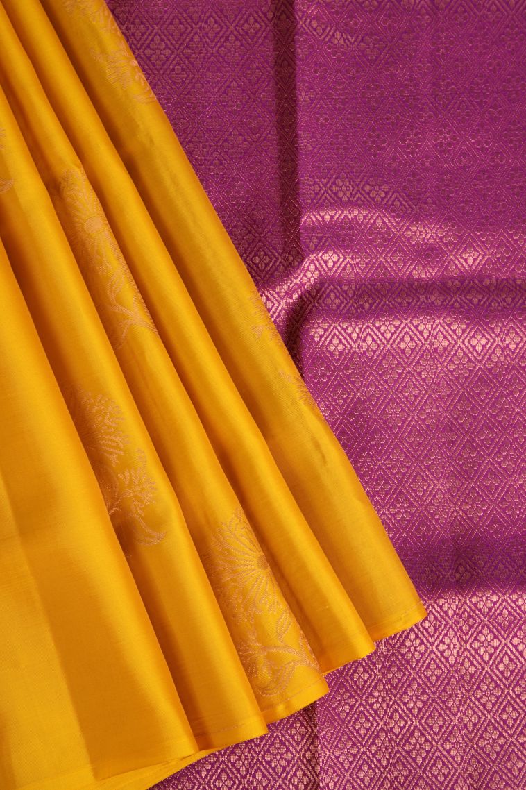 Merigold Orange Soft Silk Saree with Copper Zari Floral Puttas view 1