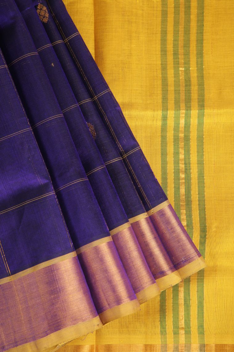 Berry Blue Silk Cotton with Gold Zari Checks And Puttas view 1