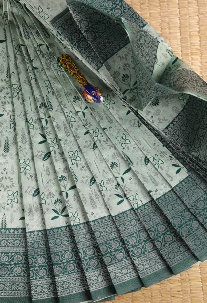 Mint Green Visiri Madippu Silk Sarees with Silver Zari Floral Patterns